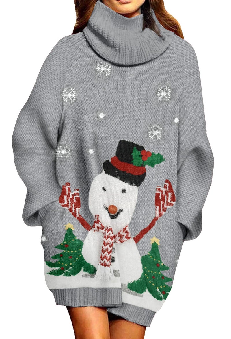 Pink Queen Women Ugly Christmas Sweater Dress Turtleneck Knitted Long Sleeve Keen Length Sweater Dress with Pockets Light Gray S - Image 1